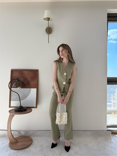 Gold Çift Düğme Detay Yelek ve Pantolonlu Double Kumaş İkili Takım Haki 2143
