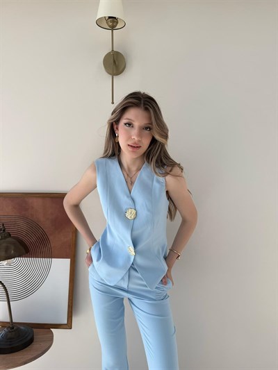 Gold Çift Düğme Detay Yelek ve Pantolonlu Double Kumaş İkili Takım Bebe Mavi  2143