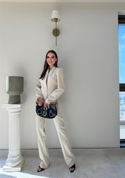 Gold Düğme Detay Blazer Ceket ve Pantolonlu Double Kumaş İkili Takım Bej 2095