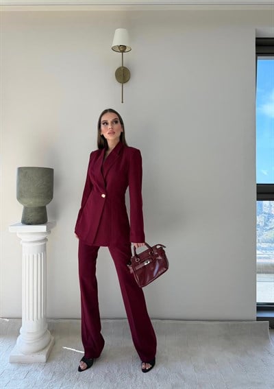 Gold Düğme Detay Blazer Ceket ve Pantolonlu Double Kumaş İkili Takım Bordo 2095