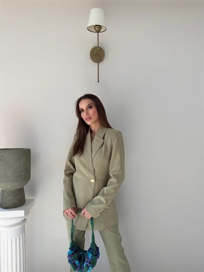 Gold Düğme Detay Blazer Ceket ve Pantolonlu Double Kumaş İkili Takım Haki 2095