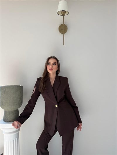 Gold Düğme Detay Blazer Ceket ve Pantolonlu Double Kumaş İkili Takım Acı Kahve 2095