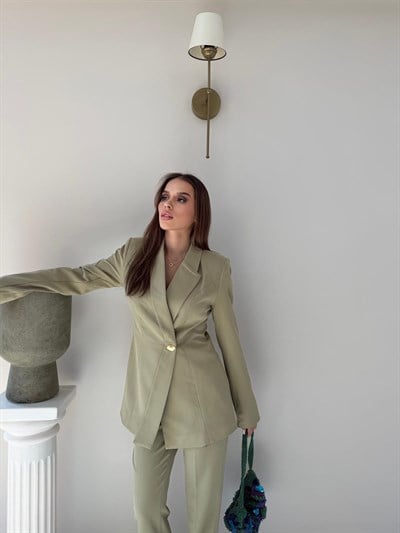 Gold Düğme Detay Blazer Ceket ve Pantolonlu Double Kumaş İkili Takım Haki 2095