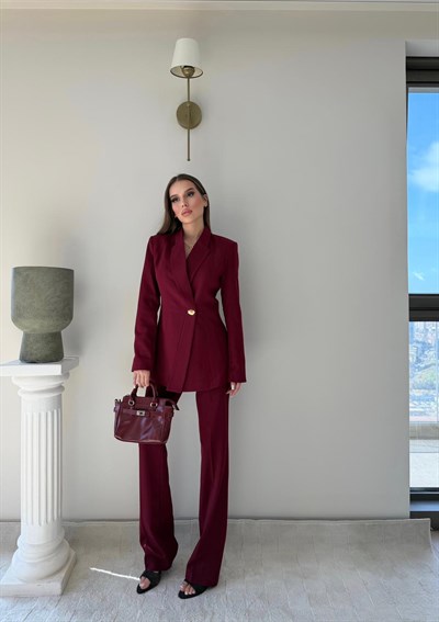 Gold Düğme Detay Blazer Ceket ve Pantolonlu Double Kumaş İkili Takım Bordo 2095