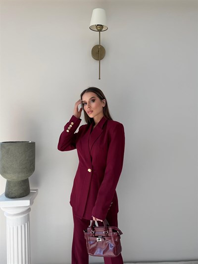 Gold Düğme Detay Blazer Ceket ve Pantolonlu Double Kumaş İkili Takım Bordo 2095