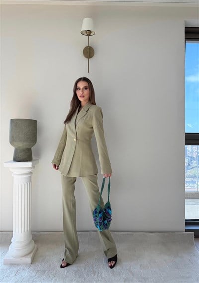 Gold Düğme Detay Blazer Ceket ve Pantolonlu Double Kumaş İkili Takım Haki 2095