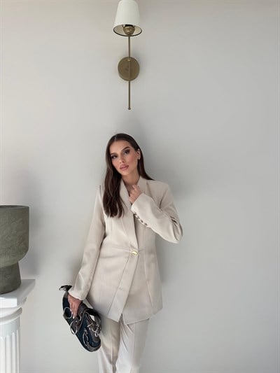 Gold Düğme Detay Blazer Ceket ve Pantolonlu Double Kumaş İkili Takım Bej 2095