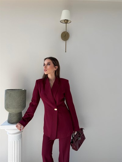 Gold Düğme Detay Blazer Ceket ve Pantolonlu Double Kumaş İkili Takım Bordo 2095
