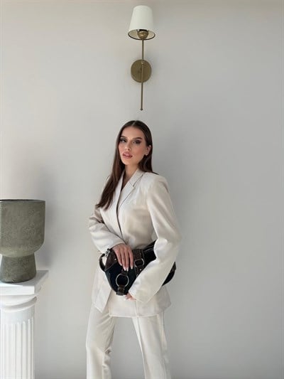 Gold Düğme Detay Blazer Ceket ve Pantolonlu Double Kumaş İkili Takım Bej 2095