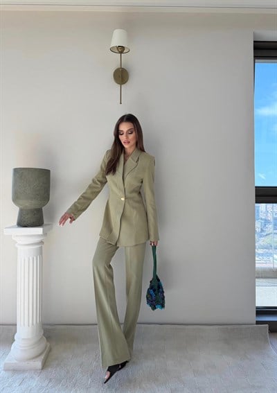 Gold Düğme Detay Blazer Ceket ve Pantolonlu Double Kumaş İkili Takım Haki 2095