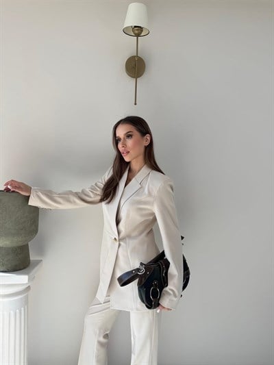 Gold Düğme Detay Blazer Ceket ve Pantolonlu Double Kumaş İkili Takım Bej 2095