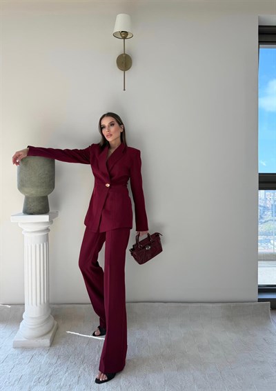 Gold Düğme Detay Blazer Ceket ve Pantolonlu Double Kumaş İkili Takım Bordo 2095