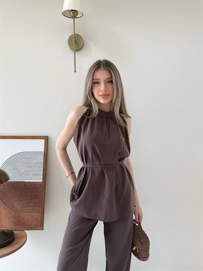 Halter Yaka Bel Bağcıklı Bluz ve Pantolonlu Tensel Modal Takım Acı Kahve 2218