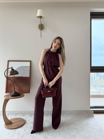 Halter Yaka Bel Bağcıklı Bluz ve Pantolonlu Tensel Modal Takım Mürdüm 2218