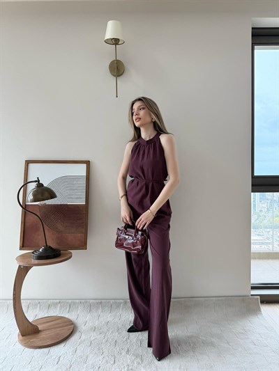 Halter Yaka Bel Bağcıklı Bluz ve Pantolonlu Tensel Modal Takım Mürdüm 2218