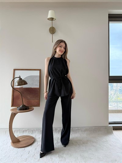 Halter Yaka Bel Bağcıklı Bluz ve Pantolonlu Tensel Modal Takım Siyah 2218