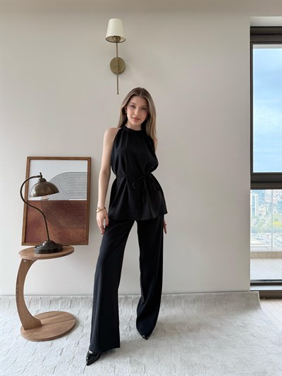 Halter Yaka Bel Bağcıklı Bluz ve Pantolonlu Tensel Modal Takım Siyah 2218