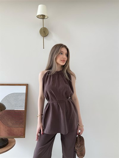 Halter Yaka Bel Bağcıklı Bluz ve Pantolonlu Tensel Modal Takım Acı Kahve 2218