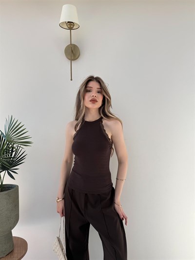 Halter Yaka Dantel Detay Modal Bluz Acı Kahve 2251