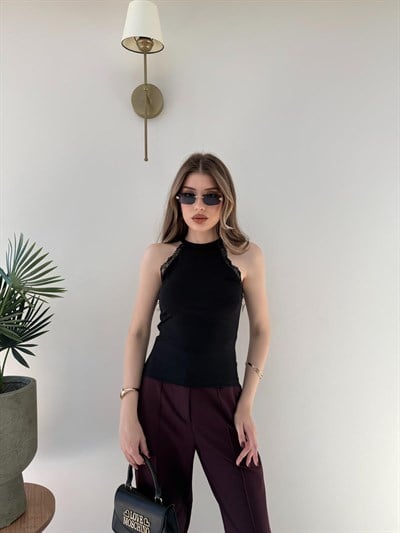 Halter Yaka Dantel Detay Modal Bluz Siyah 2251