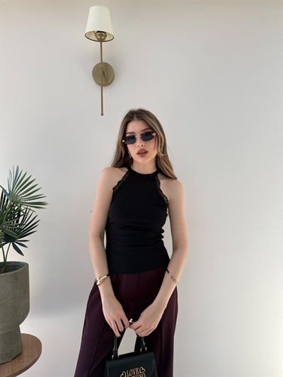 Halter Yaka Dantel Detay Modal Bluz Siyah 2251