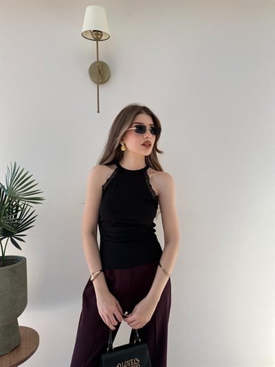 Halter Yaka Dantel Detay Modal Bluz Siyah 2251