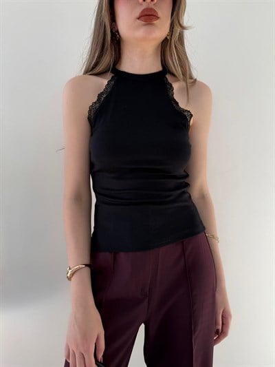 Halter Yaka Dantel Detay Modal Bluz Siyah 2251