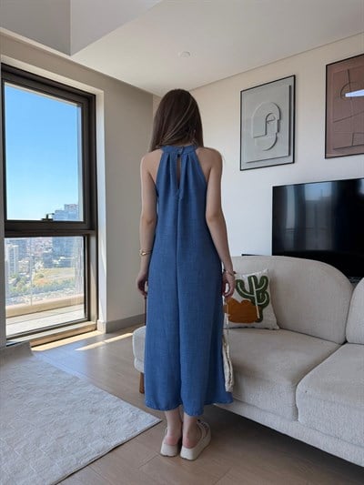 Halter Yaka Uzun Keten Elbise İndigo 2305