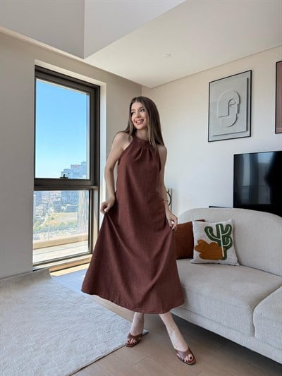 Halter Yaka Uzun Keten Elbise Kahve 2305