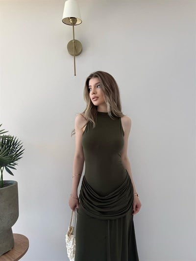 Helter Yaka Bel Drape Yırtmaçlı Elbise Haki 2291