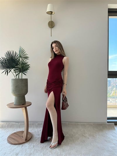 Helter Yaka Bel Drape Yırtmaçlı Elbise Bordo 2291