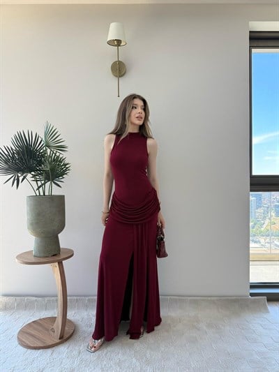 Helter Yaka Bel Drape Yırtmaçlı Elbise Bordo 2291