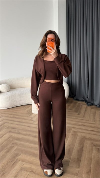 Hırka Atlet Ve Pantolonlu Triko 3'lü Takım Kahve 2443