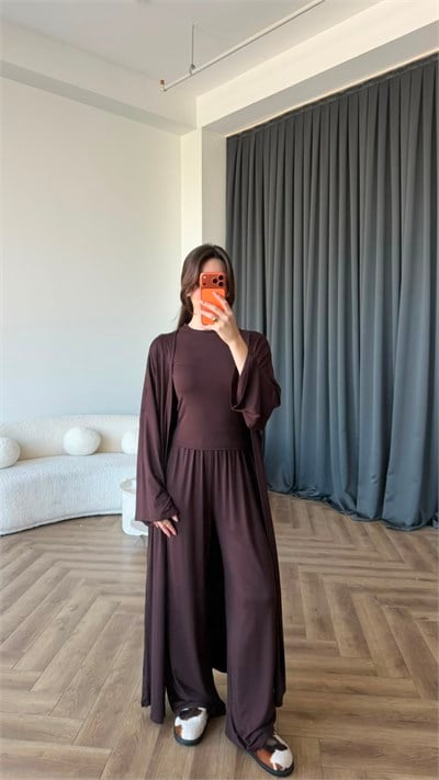 Hırka Crop ve Pantolonlu 3lü Takım Acı Kahve 2397