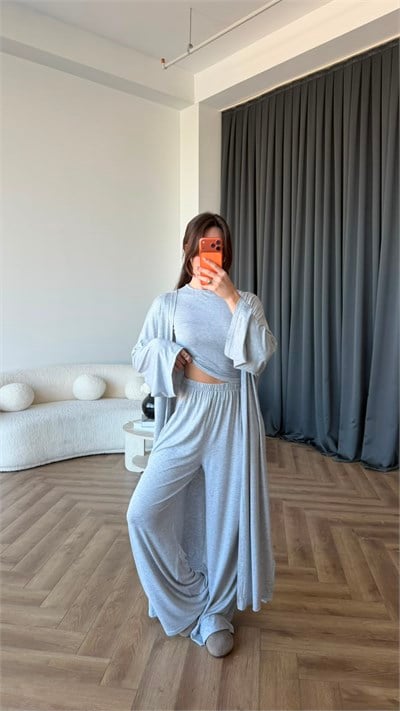 Hırka Crop ve Pantolonlu 3lü Takım Gri 2397