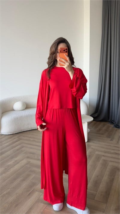 Hırka Crop ve Pantolonlu 3lü Takım Kırmızı 2397