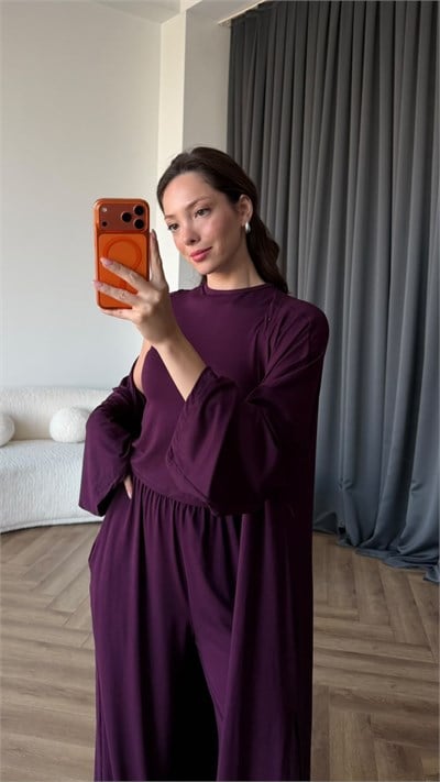 Hırka Crop ve Pantolonlu 3lü Takım Mor 2397