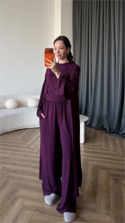 Hırka Crop ve Pantolonlu 3lü Takım Mor 2397