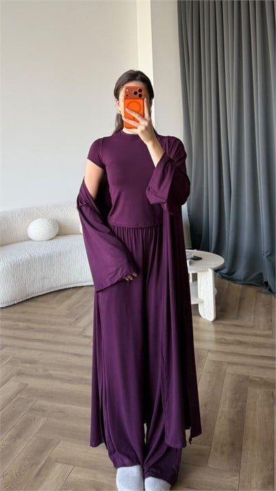 Hırka Crop ve Pantolonlu 3lü Takım Mor 2397