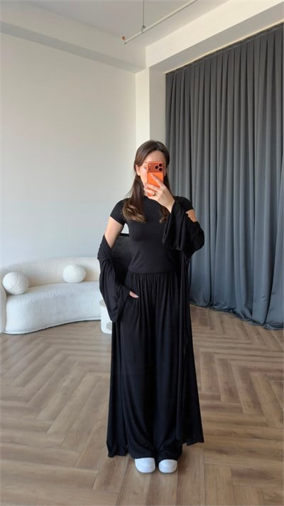 Hırka Crop ve Pantolonlu 3lü Takım Siyah 2397