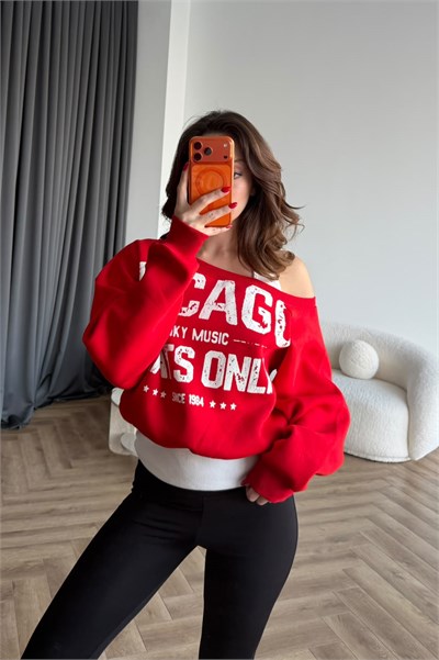 İç Atlet Detay Baskılı 3 İplik Şardonlu Sweat Kırmızı 2537