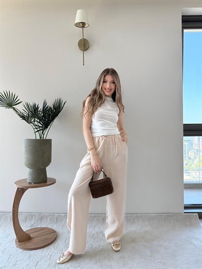 İnce Kemer Detay Bel Lastikli Palazzo Keten Pantolon Krem 2221