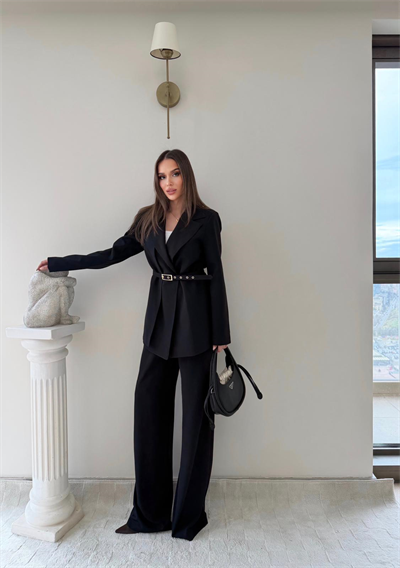 İnce Kemer Detay Blazer Ceket Ve Pantolonlu Kumaş Takım Siyah 2067