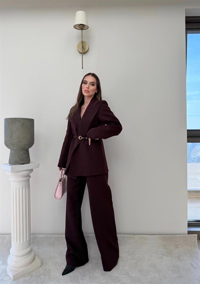 İnce Kemer Detay Blazer Ceket Ve Pantolonlu Kumaş Takım Mürdüm 2067