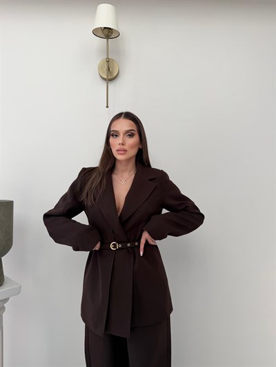İnce Kemer Detay Blazer Ceket Ve Pantolonlu Kumaş Takım Acı Kahve 2067