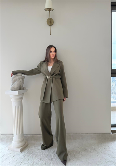 İnce Kemer Detay Blazer Ceket Ve Pantolonlu Kumaş Takım Haki 2067