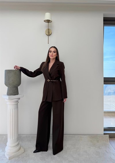 İnce Kemer Detay Blazer Ceket Ve Pantolonlu Kumaş Takım Acı Kahve 2067