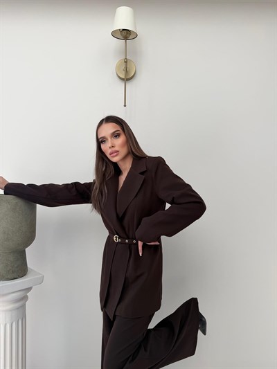 İnce Kemer Detay Blazer Ceket Ve Pantolonlu Kumaş Takım Acı Kahve 2067