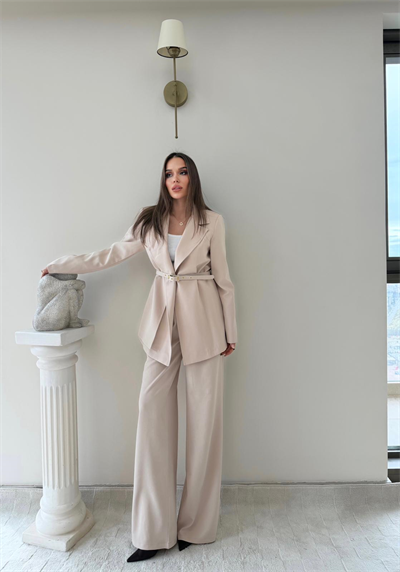 İnce Kemer Detay Blazer Ceket Ve Pantolonlu Kumaş Takım Bej 2067