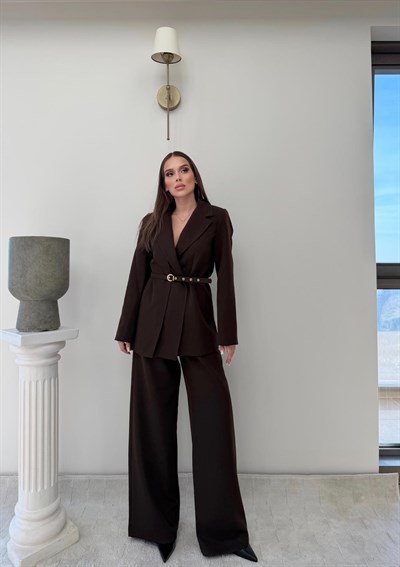 İnce Kemer Detay Blazer Ceket Ve Pantolonlu Kumaş Takım Acı Kahve 2067